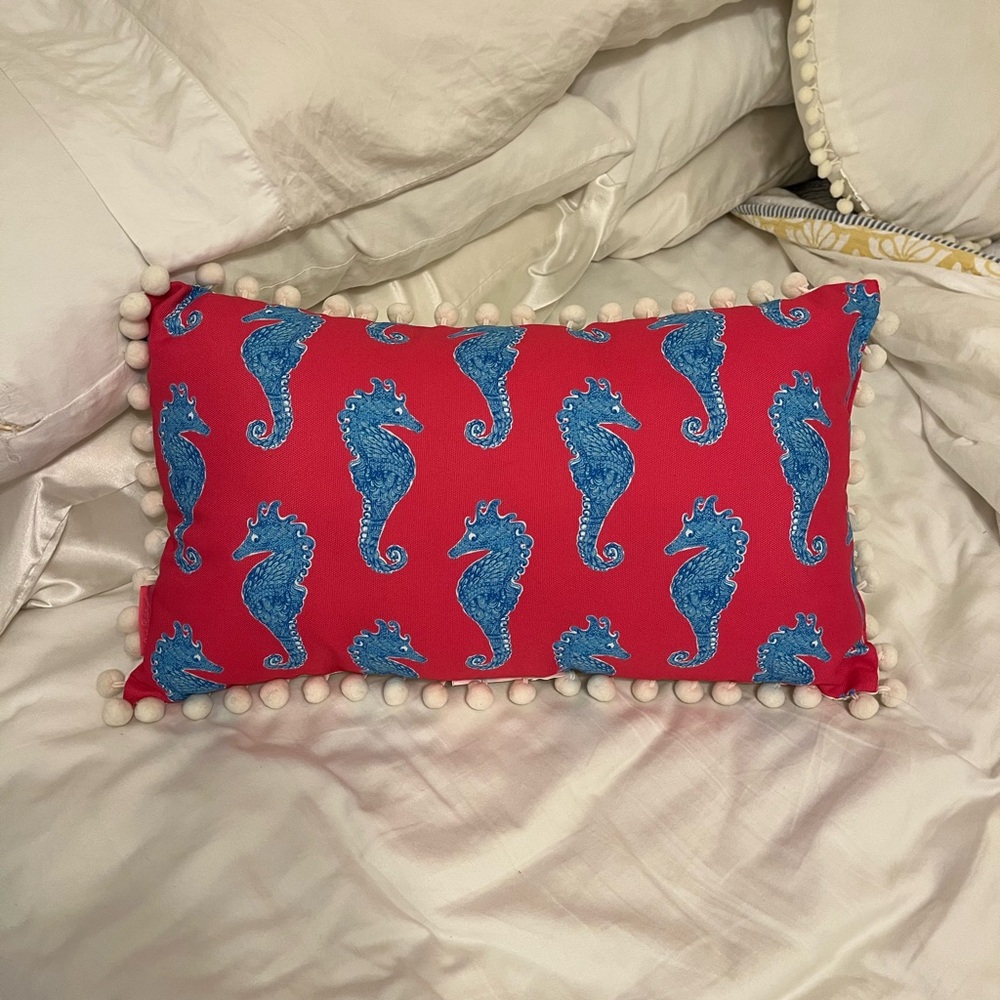 Lilly Pulitzer Pink Pillow with Blue Seahorse Design